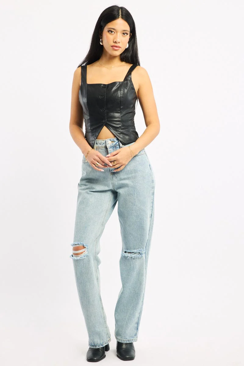 Denim Wide Leg Jeans Mid Rise